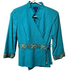 J.H. Collectibles Teal Blue Wrap Jacket Beaded Trim Size 4